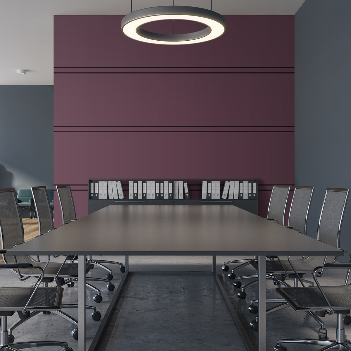 Interior of stylish meeting room with gray and wooden walls, concrete floor, long gray table with chairs and round ceiling lamps. Concept of negotiation. 3d rendering